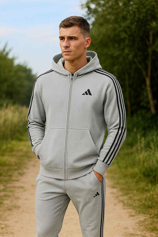 بدلة رجالي سحاب – قطن خريفي – خطوط جانبية – تطريز الشعار